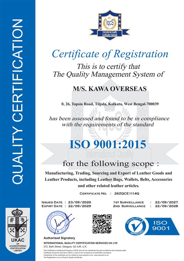 Kawa Overseas ISO 9001:2015 Certificate of Registration issued by IQCS UK Ltd