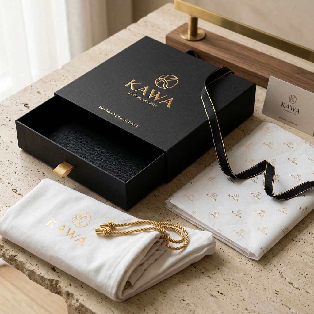Luxury retail packaging suites with gold foil embossed boxes and dust bags