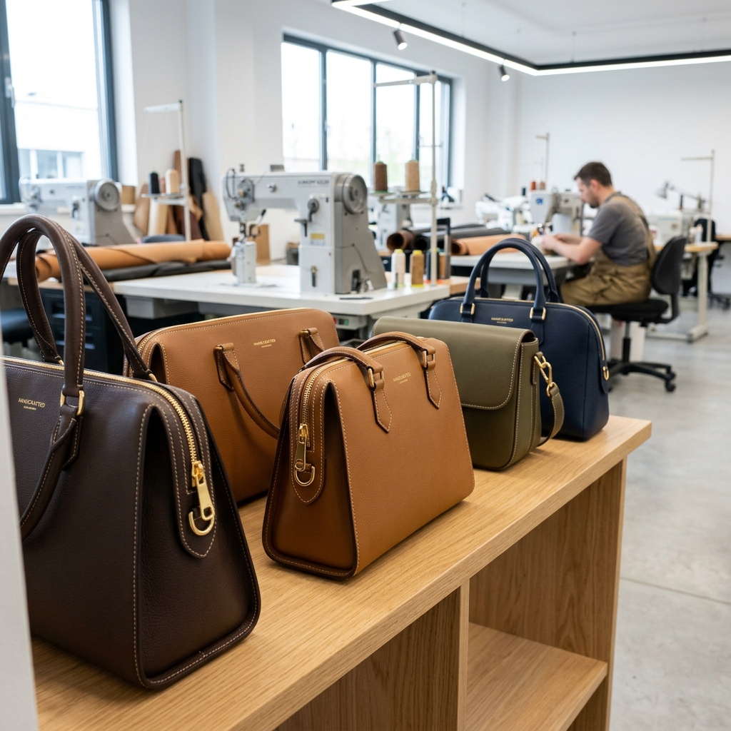 Flawless luxury handbag stitching on factory floor
