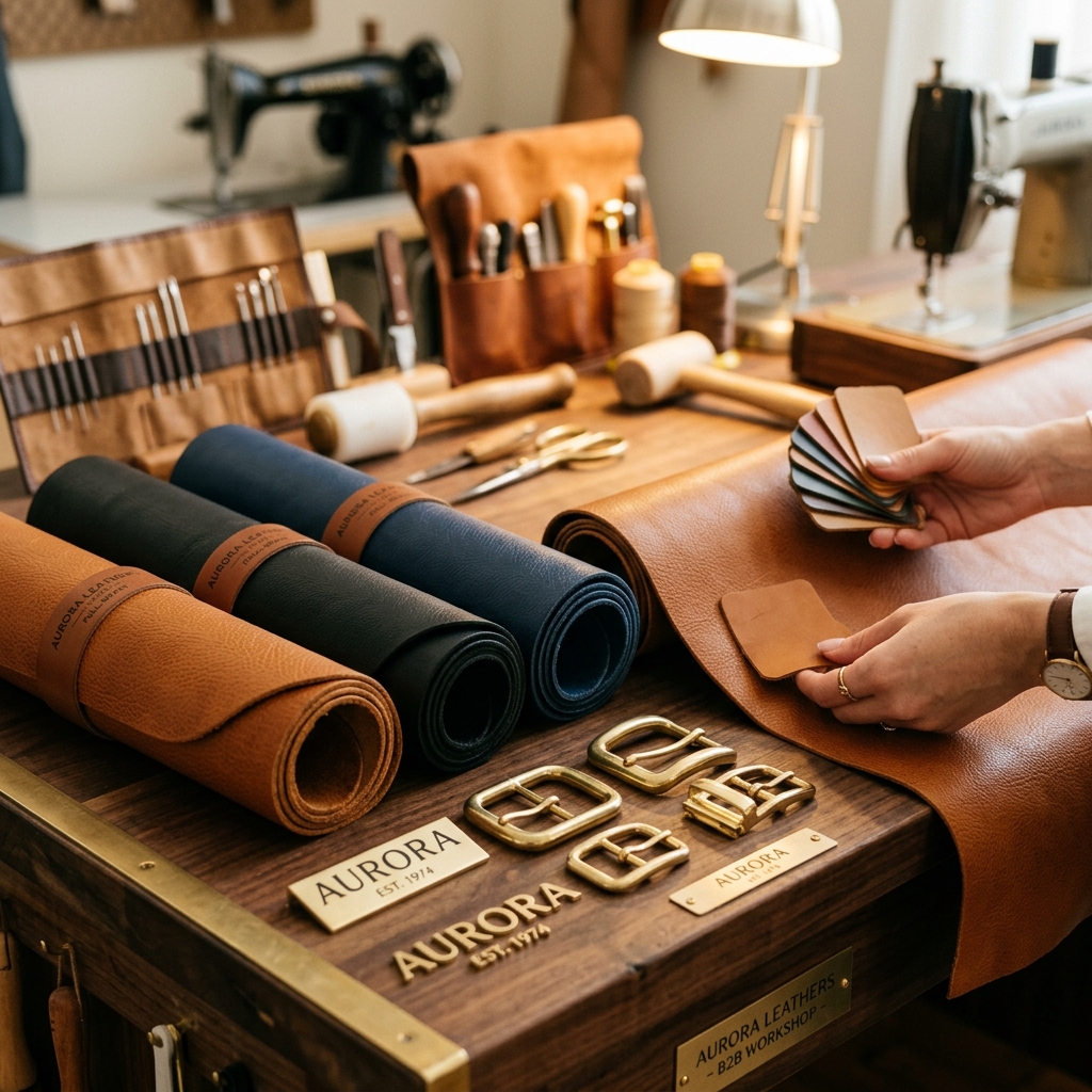 Rolls of full-grain leather and custom solid brass buckles selection